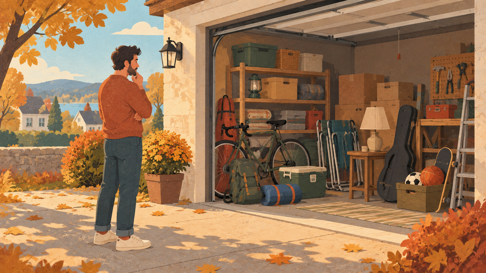 a guy staring at a garage full of stuff