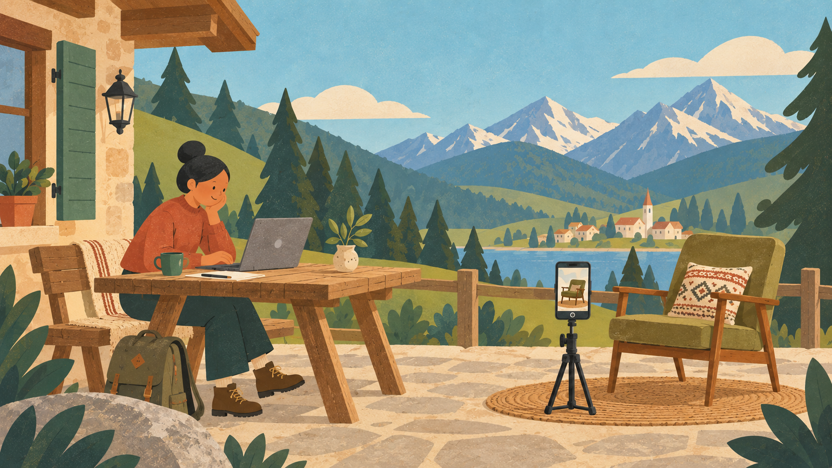 woman sitting mountain in background looking at her Mac