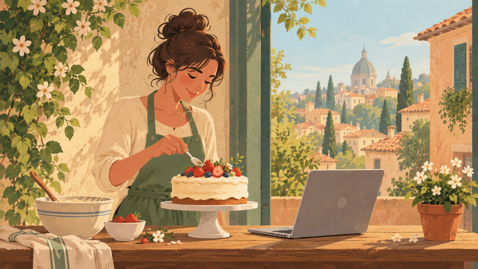 a woman baking a cake